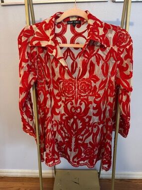 BOHO Chic Red Floral Burnout Tunic with Open Collar